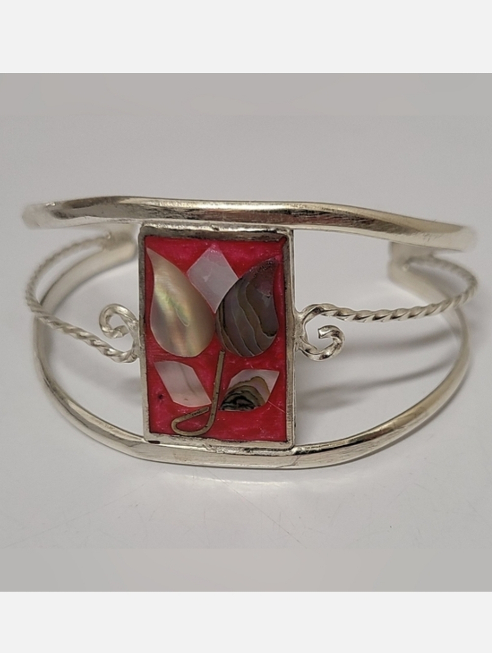 Vintage 60's Red Enamel & Mother-of-Pearl Floral .925 Silver Cuff Bracelet